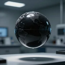 Vantablack orb floating in midair, photograph, laboratory