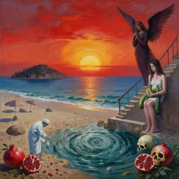 painting of sunrise, a flooded spanish art gallery in marbella beach, death, a tall emo girl, holding a courgette, skull, sand, beach umbrellas, rocks by the sea, island, surgeon, pomegranates, a dark angel, a staircase, a whirlpool in the ocean, sensual, swirls of red, zen, surrealist, by magritte and monet