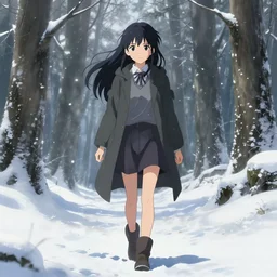 dramatic full - body anime girl by davinci walking through very scenic snowy forest, upper - body beautiful extremely detailed illustration, stunning face and eyes, pretty figure, by makoto shinkai, pixiv gelbooru danbooru