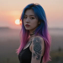 beautiful asian girl with tattoo's and blue pink purple hair looking in the camera with misty and glowing sunset background, new wave, portrait, 8 k, digital art