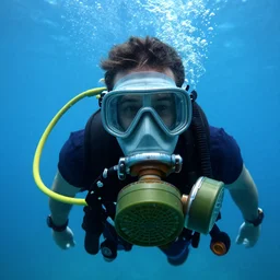 person wearing a gas mask underwater