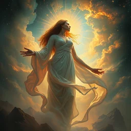 in flowing iridescent robes she watches as the universe is born, full body, supersaturated nebulas, misty, ultra dramatic lighting, bright radial arcs of light, radiant stars, intricate, hyper detailed, masterpiece, beautiful painting by ruan jia, artgerm, alphonse mucha, frank frazetta