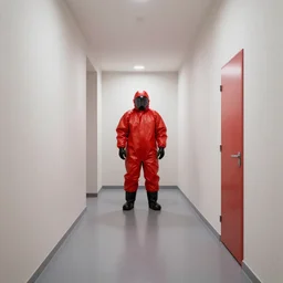 minimalist hallway full of red hazmats, unknown location, clean, stucco walls, shiny floors, cinematic