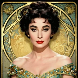 elizabeth taylor as cleopatra, mucha style, art nouveau