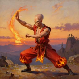 [ squidward ] wearing fire nation clothing and practicing firebending outside at susnset, oil painting, highly [ detailed ], intricate, hd, sharp focus, photorealistic, by ( moebius ) and greg rutkowski and thomas kinkade, trending on artstation, trending on cgsociety, realistic shading and lighting