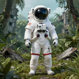 american white spacesuit astronaut in postapocalyptic abandoned destroyed jungle, wrecked buildings, destroyed flipped wrecked cars, polaroid photo, vintage, neutral colors, rainy day, by gregory crewdson
