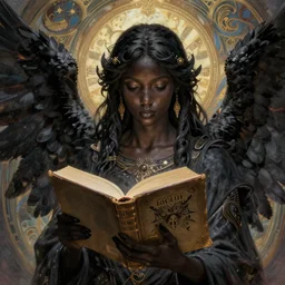 beautiful black angel reading from the book of life and death, intricate, d & d, portrait, powerful, fantasy, art nouveau, digital painting, trending on artstation, sharp focus, close - up shot, illustration, holy, divine, angelic beauty, global illumination, ray tracing, art by artgerm and greg rutkowski and ruan jia