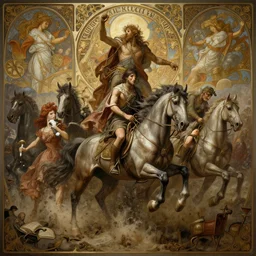 realistic photo of the apocalypse, horsemen of the apocalypse sow chaos, deep focus, intricate, elegant, highly detailed, digital painting, art station, concept art, matte, sharp focus, illustration, art by artgerm and greg rutkowski and alphonse mucha