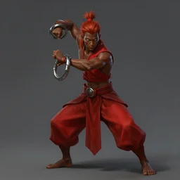Full body Picture of a Battle Dancer, arab inspired, wearing two metallic rings, dark brown skin, light red hair, waist reaching ponytail, crimson attire, exposed midriff, battle, detailed face, dark green eyes, D&D, by artgerm and Craig Mullins, James Jean, Andrey Ryabovichev, Mark Simonetti and Peter Morbacher, matte painting, trending on artstation, artstationHD, artstationHQ, octane