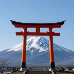 a photograph of mount fuji with a holographic red tori gate on the summit. realistic. hq. photoreal.
