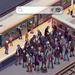 a search and find illustration of a zombie horde at a train station with survivors hidden behind objects, isometric view, photorealistic