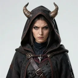 masterpiece portrait of a clothed surly and resentful female tiefling thief with two horns wearing a hooded cloak and thief's clothing, by Greg Rutkowski and John Collier and Krenz Cushart and Artem Demura and Alphonse Mucha and Albert Aublet, as seen on ArtStation, 4k, dungeons and dragons, very aesthetic, very detailed, intricate, unreal, fantasy, dramatic, painterly, artstation, sharp focus, smooth