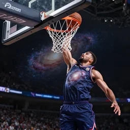 basketball player dunking the galaxy into a hoop, realistic, 8 k, extremely detailed, cgi, trending on artstation, hyper - realistic render, by greg rutkowski
