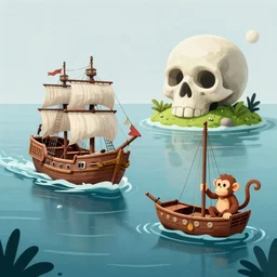 a pirate ship near a skull shaped island, by Bill Tiller, monkey island game, game concept art, colorful