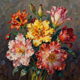 hyper detailed illustration like a Oil painting - a vivid exotic flower bouquet, long petals, huge blossoms, by Jacek Yerka, Mariusz Lewandowski, Masterpiece, Edward Hopper and James Gilleard, Zdzislaw Beksinski, Mark Ryden, Wolfgang Lettl, hints of Yayoi Kasuma, octane render, 8k