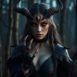 highly detailed, ultra realistic, cinematic, woman full body with a copper nose and copper claws, high detail, 8 k, sharp focus, movie still, dramatic lighting, ray tracing, smooth, a female evil demonic character of kazakh mythology, jeztyrnak, standing in the night forrest