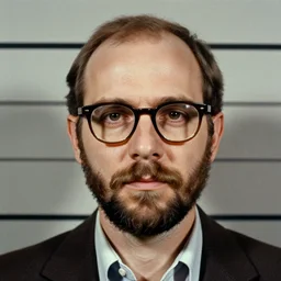 1970s of Mugshot Portrait of Paul Lieberstein with glasses and and a beard, with very short hair and a receding hairline, dressed in 1970s menswear, taken in the 1970s, photo taken on a 1970s polaroid camera, grainy, real life, hyperrealistic, ultra realistic, realistic, highly detailed, epic, HD quality, 8k resolution, body and headshot, film still, front facing, front view, headshot and bodyshot, detailed face, very detailed face