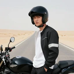 portrait photo of young man posing with a black modular helmet on a desert road, motorcycle parked nearby, silhouette of mountains in background, sunset, golden hour, cinematic, smooth light, octane, highly detailed masterpiece by morten krogvold