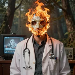 An album cover, fire, mask, stethoscope!, (doctor), 3d render, robot!, TV!, (unreal engine), (rust), photograph, portrait, painting, ((trees))
