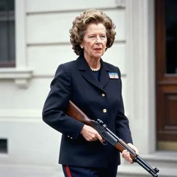 Margaret Thatcher carrying a machine gun