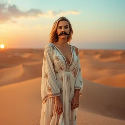 portrait, margot robbie with handlebar mustache, sahara desert, sunset, polaroid, arabian dress, sandals,