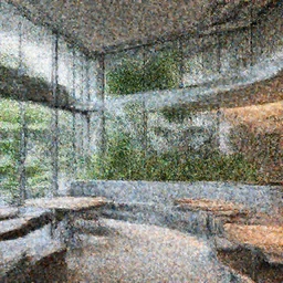 modern cafe interior designed by kengo kuma, using modern material like steel + concrete + glass, biophilia