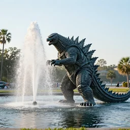godzilla attacking the waterfront park fountain in charleston sc, early morning, file photo