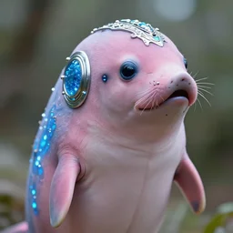 natural light, soft focus portrait of a male cyberpunk anthropomorphic porpoise with soft synthetic pink skin, blue bioluminescent plastics, smooth shiny metal, elaborate ornate head piece, piercings, skin textures, by annie leibovitz, paul lehr