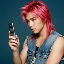 photo of jeffree star in the 2 0 0 0 s with pink red hair holding flip phone