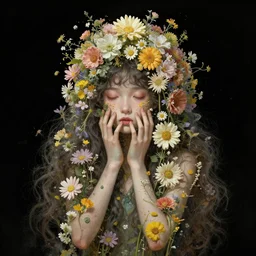 The girl made out of flowers, black background, fantasy portrait by Esao Andrews and Lisa Frank, existential delight concept art, 4k HD, trending on ArtStation