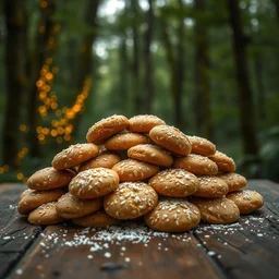 5 5 mm photo of a pile of freshly baked mutabbaq on a wooden table in a magical forest. dof. bokeh. magical atmosphere. art by greg rutkowski. highly detailed 8 k. intricate. lifelike. soft light. nikon d 8 5 0.