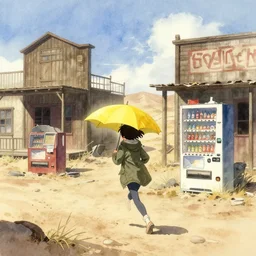 deserted dusty junk town, a girl with a parka and a yellow parasol is running, broken vending machines, scene from the movie Ghost in the shell, watercolor, ultrawide