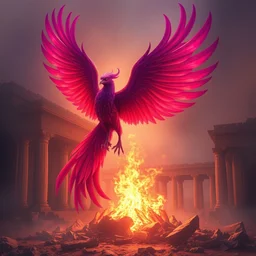 purple red phoenix rising up from the ashes in the middle of a ancient temple