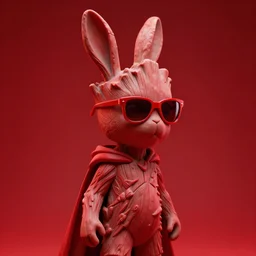 rabbit groot as marble statue, red sunglasses, in red background, soft red texture, red realistic 3 d render, high red lights, 4 k, high detailed photography red, 5 0 mm lens, rich red colors, smooth gradients, depth of field, cinematic, cape