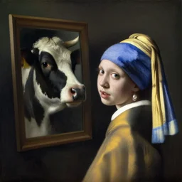 a beautiful painting the cow is looking in the mirror, by jan vermeer a young girl with pearl earrings realistic oil painting