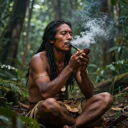 a beautiful portrait of an indigenous man sitting in the jungle surrounded by smoke, smoking a pipe, praying with tobacco ,mysterious atmosphere