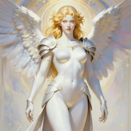 pin - up poster of a valkyrie, skintight heavy armor, wings, heroic, celestial - themed, white skin, arm down, golden hair, golden eyes, shapely derriere, dnd, highly detailed, two arms, detailed face, smooth, sharp focus, pastel painting, by artgerm and greg rutkowski and alphonse mucha