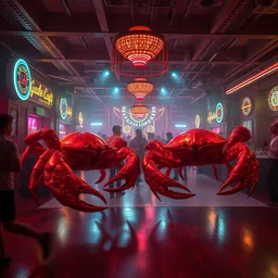 large crabs, in a dance hall, 1 8 9 0 s, steampunk, victorian, neon lights, rave, done in the style of fantasy, 8 k
