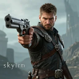 todd howard pointing a gun towards the camera and forcing you to buy skyrim, threatening, sharp, cinematic, colorful, digital, neon, bright, cyberpunk, blade runner 2 0 4 9, realistic