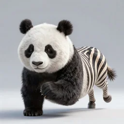 alone realistic wild animal having a head of giant panda and a body of zebra, running in savannah, national geographic photo award