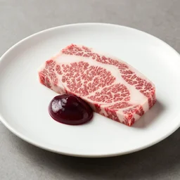 gourmet food photography wagyu beef with stewed plum puree
