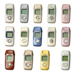 full color page scan reference sheet of various retro phones on white background, matte painting