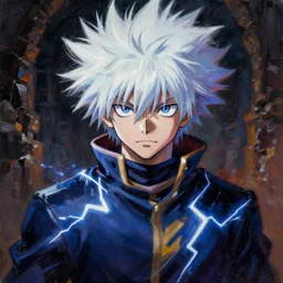 Razorpunk Killua Zoldyck Magician Portrait portrait portrait Dungeon Exterior Man TheWitcher3WildHunt HunterxHunter TheElderScrollsOblivion Cover Art Face Head Eyes Snack Assassin Wearing Lightning Vest Ismail Inceoglu Arnold Bocklin Jakub Rebelka dug stanat Anime Brushstrokes Oil Painting Impasto