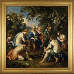 A baroque oil-painting of a bunch of humans under trees, in a realistic background. Ancient.