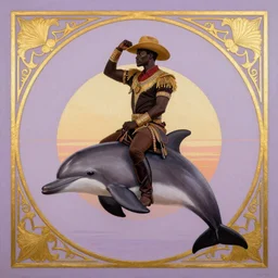 a beautiful painting of a regal african cowboy, riding a dolphin over a design in front of a pale lavender sunrise, dawn, predawn, golden light, art deco!, art nouveau, silhouette, no crop, smooth, sharp focus, fine lines