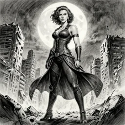 realistic, elegant, intricate detail, looking towards camera, stoic pose, scarlett johansson, afro samurai anime style, full body profile, dynamic wide angle lens, manga style, by rey bustos, pencil and ink, full moon lighting, fully clothed, in a post apocalyptic city, dramatic lighting, super accurate human anatomy!!!