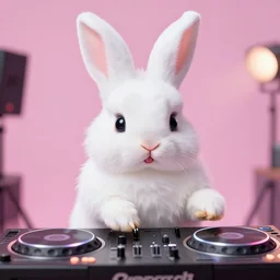 super cute fluffy white bunny rabbit in gene simmons kiss makeup DJing with DJ turntables, photoreal
