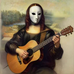a person with a mask playing a guitar, an ultrafine detailed painting by aleksander orłowski, artstation contest winner, sots art, concept art, da vinci, sketchfab