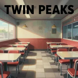 Twin Peaks poster artwork by Michael Whelan and Tomer Hanuka, Rendering of empty diner interior, clean, no people, from scene from Twin Peaks, full of details, by Makoto Shinkai and thomas kinkade, Matte painting, trending on artstation and unreal engine
