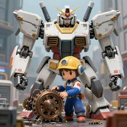 cute mechanic wearing coveralls working on part of a giant mecha, sci - fi, gundam, wide shot, 4 k, realistic, detailed, gears, wires, cables, gadgets